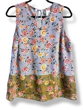 🌸 Cabi Mixed Print Floral & Stripe Sleeveless Blouse Medium Lined GUC